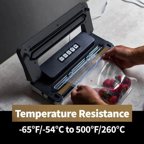 Person using heat resistant PTFE glass cloth tape for vacuum sealer machines in food packaging application