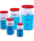 Hands-On Liquid Measuring Set For Kids, 19-Piece Classroom Lab Kit With Measuring Jars in various sizes filled with blue liquid.