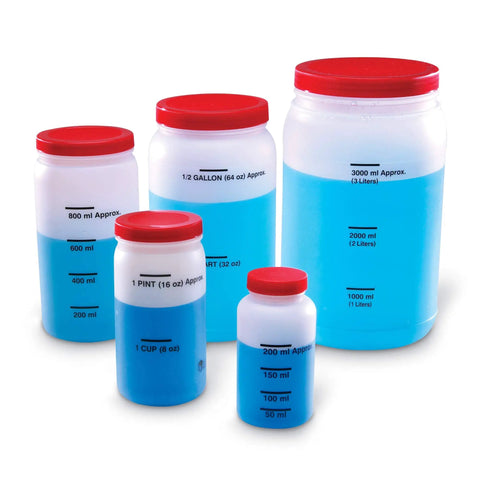 Hands-On Liquid Measuring Set For Kids, 19-Piece Classroom Lab Kit With Measuring Jars in various sizes filled with blue liquid.