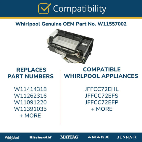Genuine OEM Refrigerator Ice Maker Assembly Replacement For DIY Friendly Install Replaces W11414318 W11262316 W11091220 W11391035