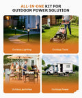 All-in-one outdoor power solution with lighting, tools, activities, and power for various outdoor settings.