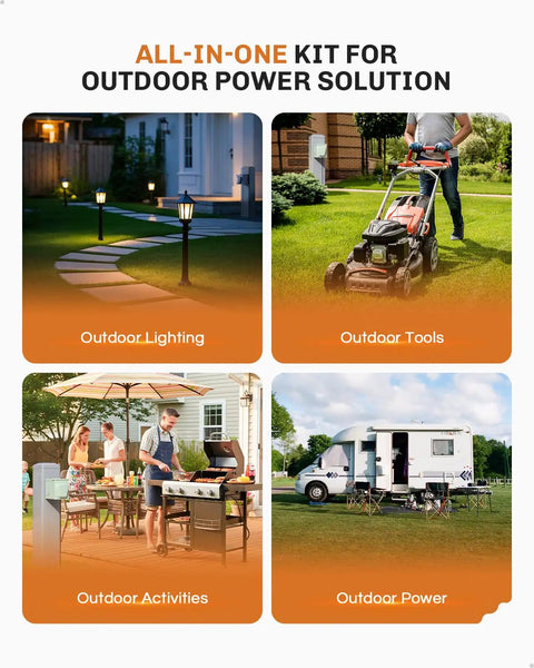 All-in-one outdoor power solution with lighting, tools, activities, and power for various outdoor settings.