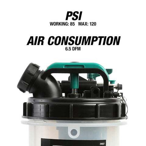 Close-up of Dual Mode Garage-Grade Fluid Extractor Pump 1.5 Gallon with PSI and air consumption details.