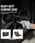Person using Half Inch Drive Impact Socket Set, Nine Piece Deep Metric Sockets 29mm Through 38mm, Six Point CrMo Steel Construction For Auto Repair on car wheel.