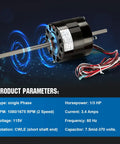 RV Air Conditioner Fan Motor With Capacitor 1/3 HP 115V 1675 RPM Direct Replacement DIY Friendly Dual Speed For RV AC Units Includes Sleeve Bearing And Two Year Warranty product parameters shown