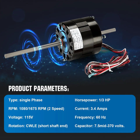 RV Air Conditioner Fan Motor With Capacitor 1/3 HP 115V 1675 RPM Direct Replacement DIY Friendly Dual Speed For RV AC Units Includes Sleeve Bearing And Two Year Warranty product parameters shown