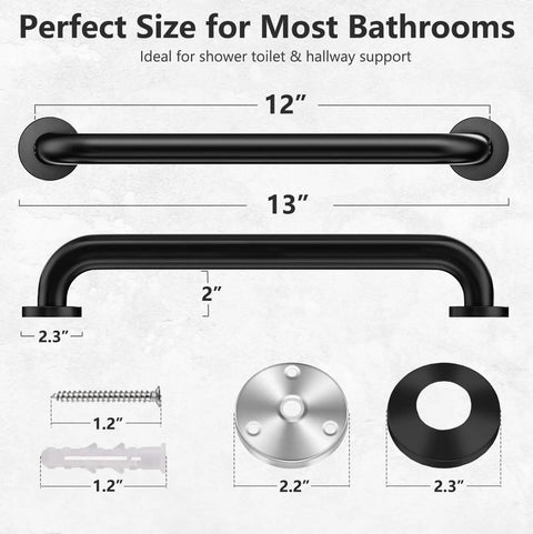 Rock Solid Heavy Duty Hand Rail Stays Secure Zero Hassle Wall Mount Safety Grip Bar For Bathroom Deck Shower Rustproof Black Steel dimensions 12 & 13 inches