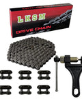 LKSM 420 motorcycle roller chain with 132 links, silver chain, chain breaker tool, and six master links.
