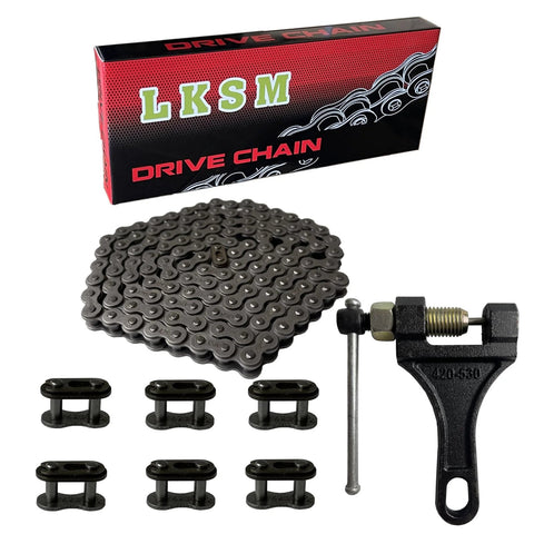 LKSM 420 motorcycle roller chain with 132 links, silver chain, chain breaker tool, and six master links.