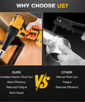 Top Tier Cordless Rivet Gun With Brushless Motor Kit For 1/8 5/32 And 3/16 Inch Rivets, Auto Reverse Function Plus LED Light For Heavy Duty Metal Fabrication And Auto Repair Projects. Cordless electric rivet gun shown with manual rivet gun comparison