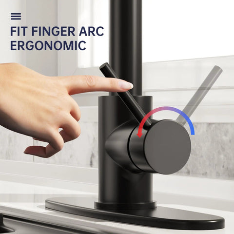 Dead Simple Install Bulletproof Build Slick Black Finish Single Handle Pull Down Kitchen Faucet Lead Free Stainless Steel Ceramic Cartridge Top Tier Sink Fixture with ergonomic handle design and control.