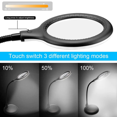 5X Magnifying Lamp With LED Light And Flexible Gooseneck USB Powered showing different brightness levels and touch switch
