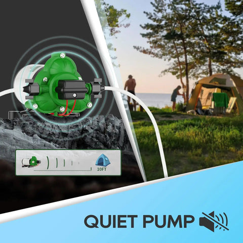 12V DC Self Priming Water Pump with 3.5 GPM Flow and 45 PSI Pressure Green Plastic Diaphragm Pump near campsite