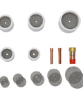 Teflon TIG Welding Cup Kit With Triple Diffuser System For DC TIG Welding Includes Five Cups Sizes 10 12 14 16 20 Plus Five Spare Diffusers Gas Lens Adapter And Two Collets A Tough As Nails Fabrication Kit, showing cups, diffusers, and collets.