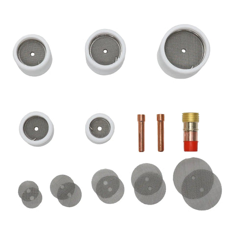Teflon TIG Welding Cup Kit With Triple Diffuser System For DC TIG Welding Includes Five Cups Sizes 10 12 14 16 20 Plus Five Spare Diffusers Gas Lens Adapter And Two Collets A Tough As Nails Fabrication Kit, showing cups, diffusers, and collets.
