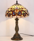 Tiffany Style Stained Glass Table Lamp With Vintage Victorian Vibe, 12 Inch Shade, 18 Inch Tall, Antique Green Bronze Base, On Desk
