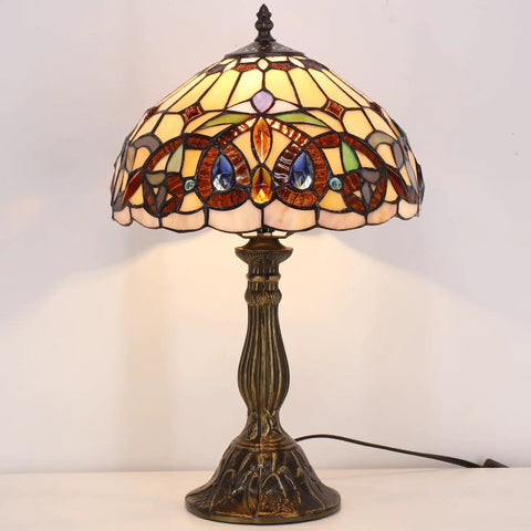 Tiffany Style Stained Glass Table Lamp With Vintage Victorian Vibe, 12 Inch Shade, 18 Inch Tall, Antique Green Bronze Base, On Desk