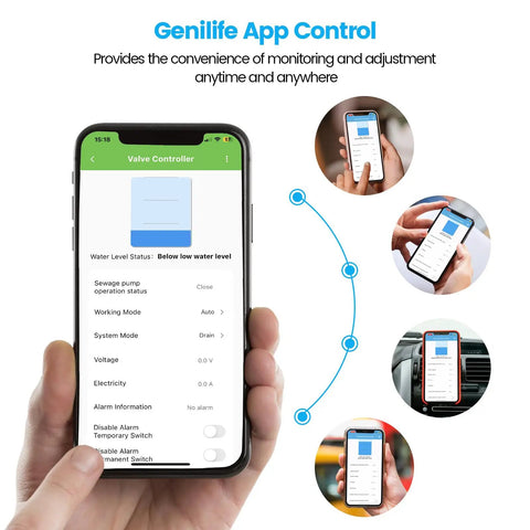 WiFi Sump Pump Controller With Alarm And Real Time Water Level Monitoring For Sump Submersible And Utility Pumps Smart App Remote Control Real Time Alerts For Failures And Overloads Keep Basement Dry And Prevent Floods on smartphone screen