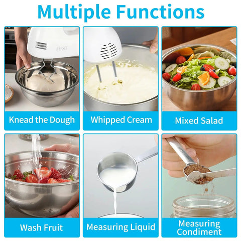Top Shelf 5 Speed Electric Hand Mixer Paired With Four Nesting Stainless Steel Mixing Bowls And Measuring Cups In A Slick 200W Kitchen Baking Starter Kit that shows dough kneading, whipped cream, salad prep, and measuring.