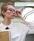Kick Your Broken Frames Back To Life With This Heavy Duty TR90 Eyeglass Temple Replacement Kit Includes Screws Nuts Wrench And Nose Pads For A Super Quick Snap Fix, featuring black TR90 temple arms with a woman adjusting her glasses.