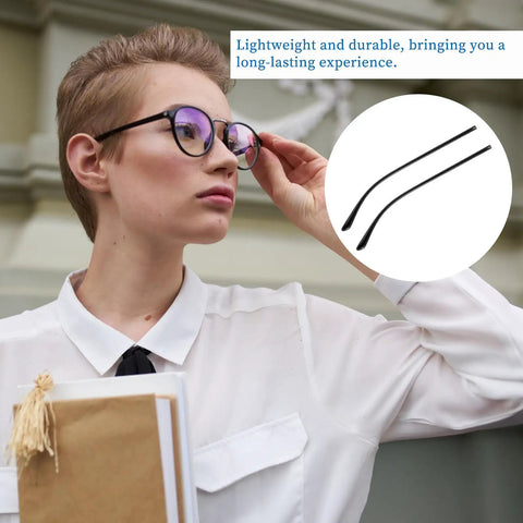 Kick Your Broken Frames Back To Life With This Heavy Duty TR90 Eyeglass Temple Replacement Kit Includes Screws Nuts Wrench And Nose Pads For A Super Quick Snap Fix, featuring black TR90 temple arms with a woman adjusting her glasses.