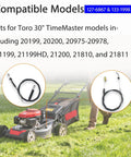 Dual Cable Replacement Kit For Toro TimeMaster Mowers Traction And Brake Cable Set shown with compatible models
