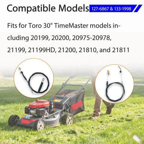 Dual Cable Replacement Kit For Toro TimeMaster Mowers Traction And Brake Cable Set shown with compatible models