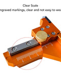 Heavy Duty Aluminum Alloy Height Gauge And Depth Ruler Offering Dual Measurement Scales For Exact Router Bits And Sawblade Measurements close-up of clear scale engravings and adjustment knob