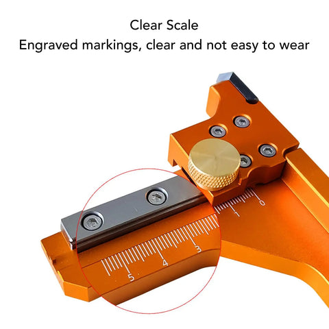 Heavy Duty Aluminum Alloy Height Gauge And Depth Ruler Offering Dual Measurement Scales For Exact Router Bits And Sawblade Measurements close-up of clear scale engravings and adjustment knob