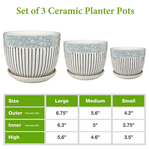 Dope Three Piece Ceramic Plant Pots Set With Drainage Holes And Saucers For Indoor And Outdoor Vibes, large medium small sizes