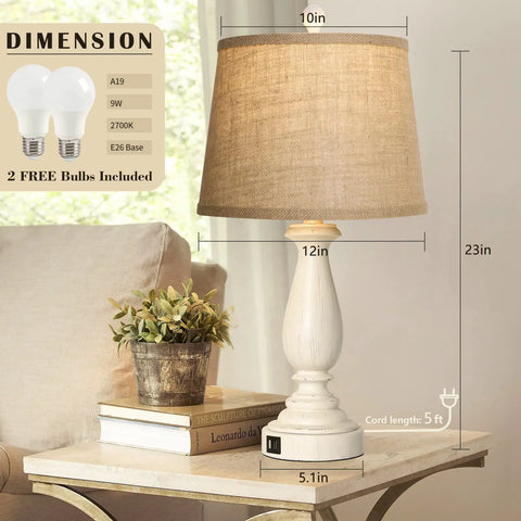 Three Way Dimmable Touch Lamps For Bedrooms Set Of 2 With USB Ports And AC Outlet Rustic Resin Nightstand Lamps With Drum Shade