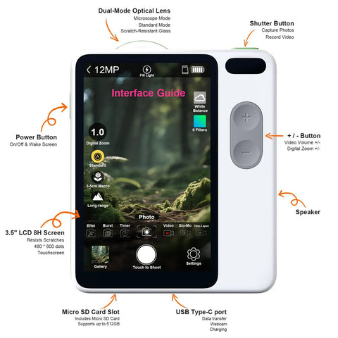 4K Microscope Camera for Kids With 12MP BSI Sensor, Autofocus, 400X Magnification, 3.5 Inch LCD, Portable Point and Shoot for STEM Learning, Travel Ready, Ideal Gift, 128GB Included front view with screen and controls