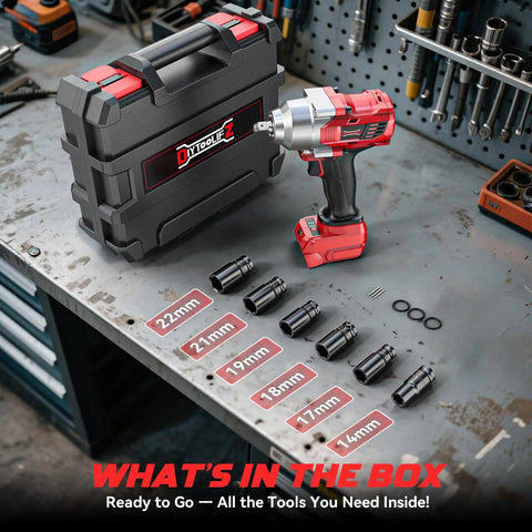 Cordless Half Inch Impact Wrench Bare Tool No Battery Included, 750 Foot Pounds of Torque, Six Sockets and Storage Case on Workbench