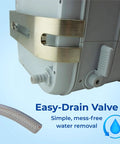 Easy-Drain Valve on Medium CPAP Ultrasonic Cleaner for simple water removal, with stainless steel accents and hose.