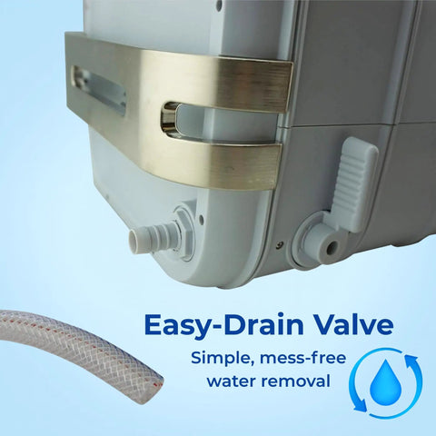 Easy-Drain Valve on Medium CPAP Ultrasonic Cleaner for simple water removal, with stainless steel accents and hose.