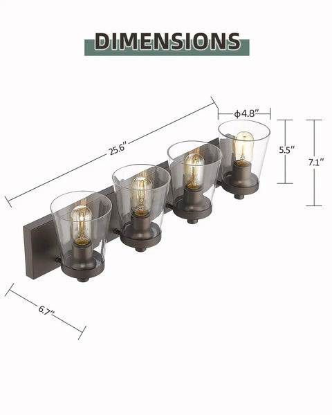 Four Light Bathroom Vanity Lighting Fixture With Clear Glass Shades In Oil Rubbed Bronze Finish, dimensions shown
