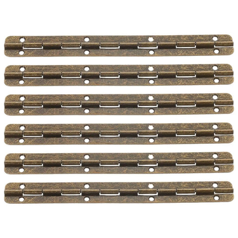 Set of six long bronze piano hinges for boxes and jewelry projects, smooth metal hinges for crafts and DIY gear, durable continuous hinges