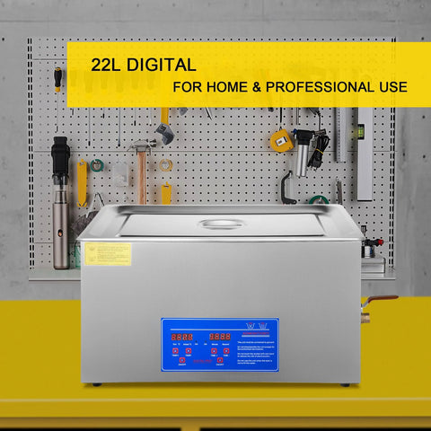 Front view: VEVOR 22L digital ultrasonic cleaner in stainless steel with blue control panel for home & professional use.