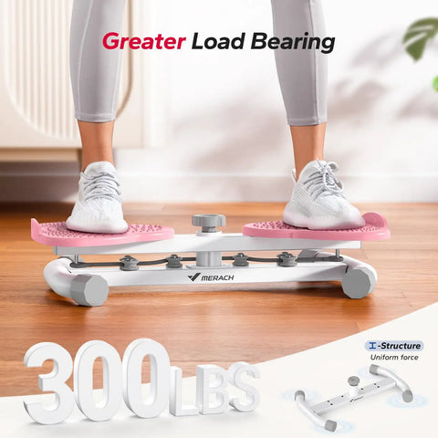Close-up of Heavy Duty Waist Twister Machine For Killer Core Workouts, showing capacity of 300 lbs with pink textured footplates.