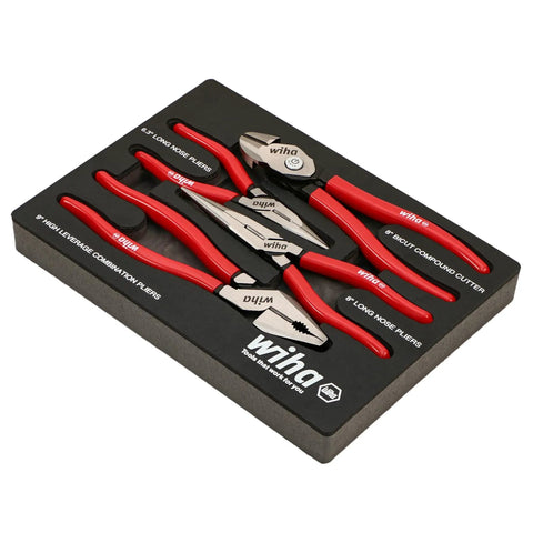 Four Piece Pliers And Cutters Tray Set With Long Nose Pliers 6.3 Inch And 8.0 Inch, BiCut Compound Diagonal Cutters 8.0 Inch, Lineman's Pliers 9.0 Inch, Soft Vinyl Grips, DynamicJoint For 40 Percent Stronger Grip And Easier Cuts, Hardened Cutting Edges in foam tray