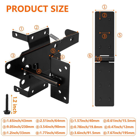 Heavy Duty Gate Hinge And Self Locking Latch Set For Wood Fence Two Pack Auto Lock Gravity Latch Keeps Gate Secure In Windy Weather No Manual Latching Required, black steel hinge and latch size diagram