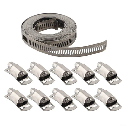 Ultimate Stainless Steel Hose Clamp Kit 304 Grade Adjustable Worm Gear Strap For Automotive Marine And DIY Pipe Repair Silver Heavy Duty Reusable Fasteners 12.6mm Width Perfect Fit No Rust Just Solid Strength You Can Count On, coil with 10 clamps