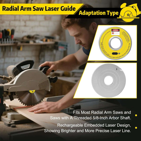 Front view of a rechargeable radial arm saw laser guide installed on a saw; bright yellow laser module and silver disc.