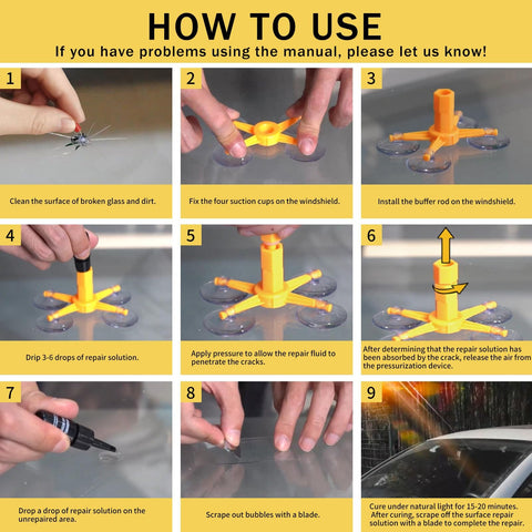 Windshield Chip Repair Kit with Fast Curing Resin for Quick Fix of Star Shaped and Bull Eye Cracks on Car Windows No Mixing Required Upgraded Injection Head and Vacuum Design Delivers Durable Glass Repair In Minutes instruction steps