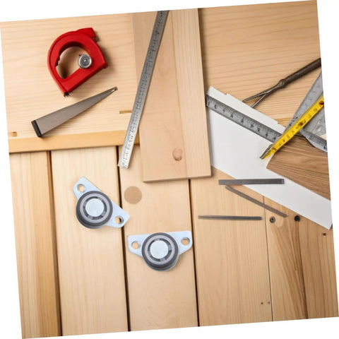 Set Of Four Heavy Duty Adjustable Sliding Door Rollers With Precision Bearings Buttery Smooth Glide Easy Side Or Vertical Mounting On Closets Barn Doors placed on wood with measuring tools.