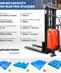 Fworkleft Semi Electric Pallet Stacker With 3300 Lb Capacity And Lithium Battery Powered Walkie Design Featuring 98 Inch Lift Height For Warehouse Tasks image showing features and dimensions of the stacker.