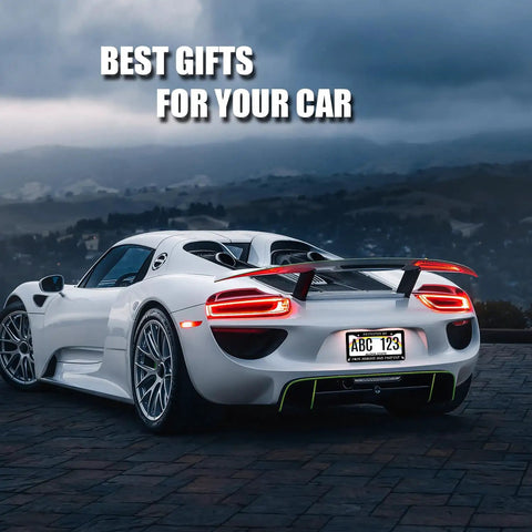 Rear view of a sports car with Funny License Plate Frame Personalize Your Ride Black Stainless Steel Car Decoration.