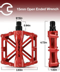Red Aluminum CNC Bike Pedals 9/16 Inch, Lightweight Mountain Road Pedal With 16 Anti Skid Pins, Dual Sided Grip for MTB BMX