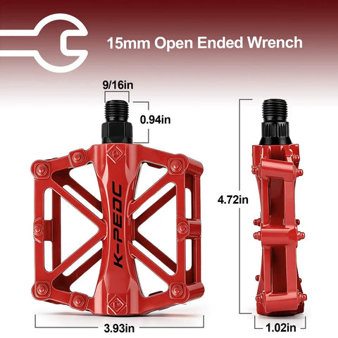 Red Aluminum CNC Bike Pedals 9/16 Inch, Lightweight Mountain Road Pedal With 16 Anti Skid Pins, Dual Sided Grip for MTB BMX