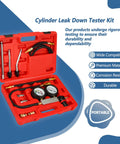 Front view of Handor Cylinder Leak Down Tester Kit in red portable case with dual gauges, hoses and adapters.
